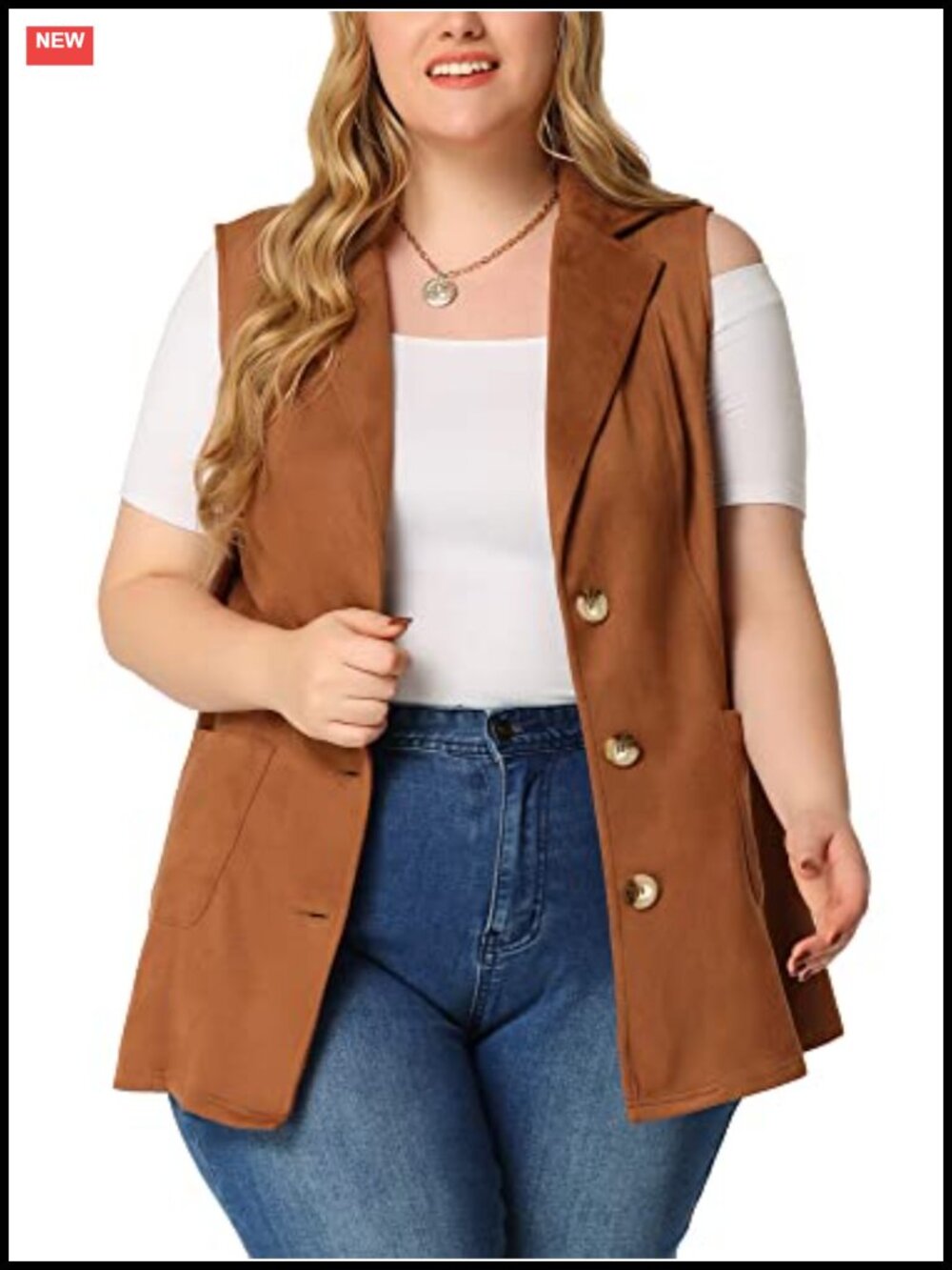 Plus Size Faux Suede Utility Vest Sleeveless Button Front Casual Outerwear